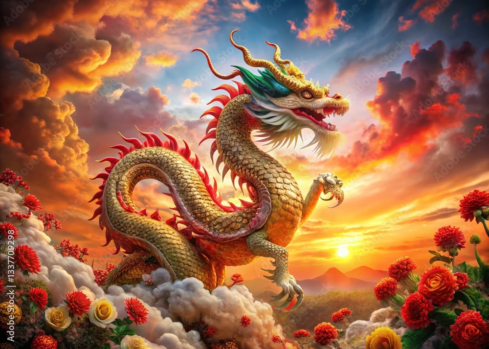 Obraz premium Majestic Chinese Dragon Amidst Red Blossoms and Clouds - Stunning Asian Mythology Stock Photo