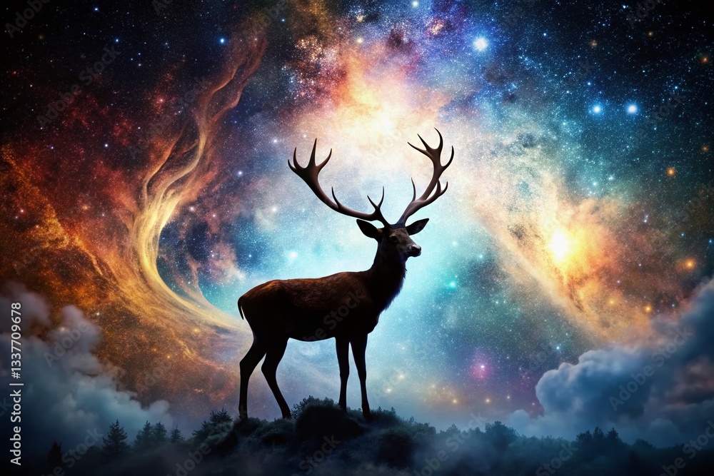 Naklejka premium Majestic Deer Silhouette Double Exposure - Mystical Forest Night Photography