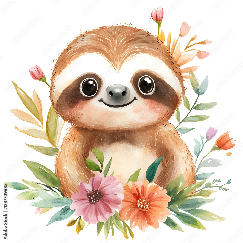 Obraz premium Adorable Sloth Surrounded by Watercolor Flowers