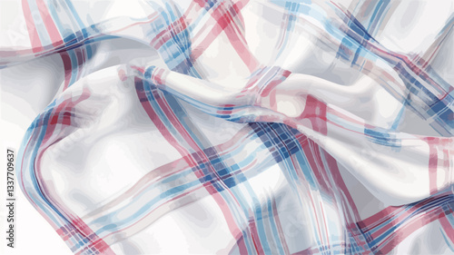 Close-up shot of a crumpled white fabric with a subtle red and blue plaid pattern. The fabric is softly draped, showing wrinkles and folds. The image is well-lit, with a bright white background.