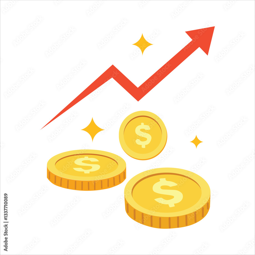 Vector illustration of golden coins with a rising red arrow, symbolizing financial growth, investment success, and economic progress. Vector illustration of golden coins with a rising red arrow, symbolizing financial growth, investment success, and economic progress.