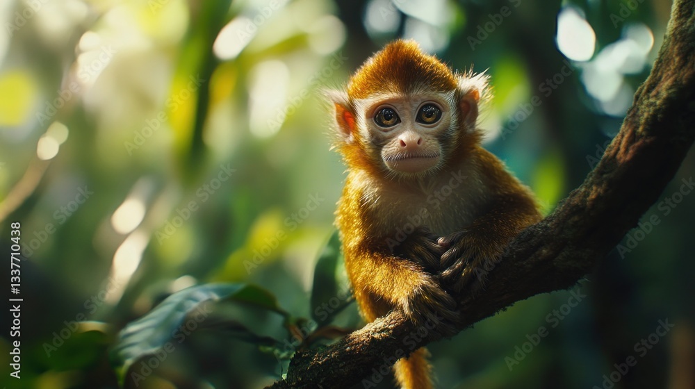Fototapeta premium Young monkey perched on a branch in a lush green forest setting