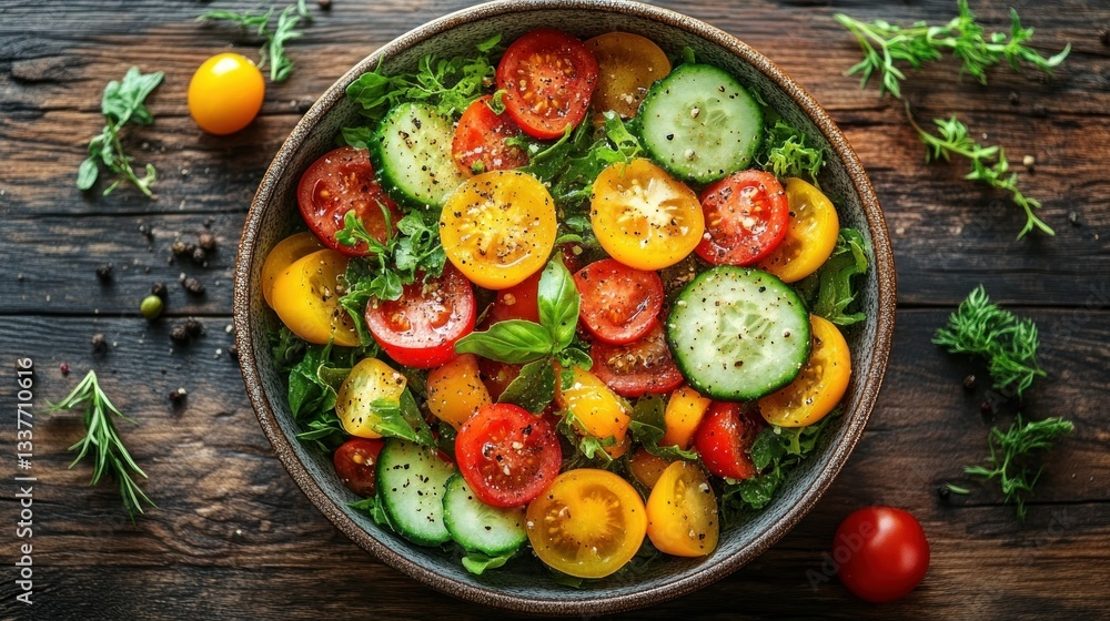 Fresh vegetable salad in bowl. Ripe tomatoes, cucumbers, and leafy greens Fresh vegetable salad in bowl. Ripe tomatoes, cucumbers, and leafy greens