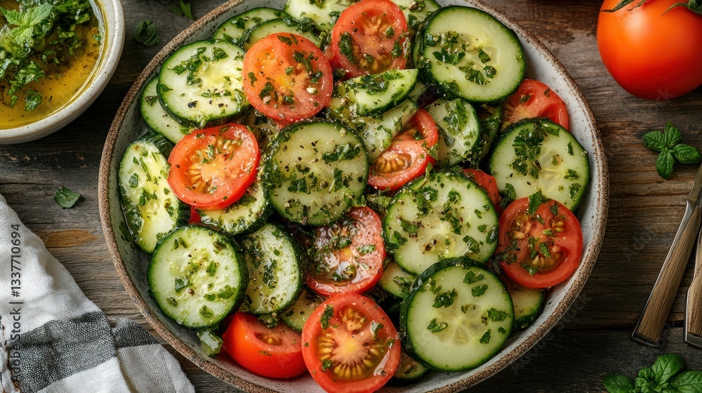 Fresh zucchini and tomato salad with herbs in a bowl on a wooden surface Fresh zucchini and tomato salad with herbs in a bowl on a wooden surface