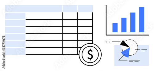 Spreadsheet table, bar chart, pie chart, and dollar icon emphasizing financial evaluation and strategies. Ideal for finance, accounting, investment, analytics, business growth decision-making flat