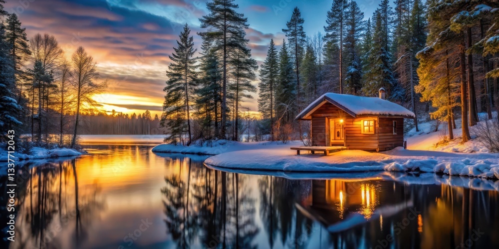 Fototapeta premium Cozy sauna cottage in a serene forest near a frozen lake under the soft glow of midnight sun, cabin, winter, cabin, winter, night