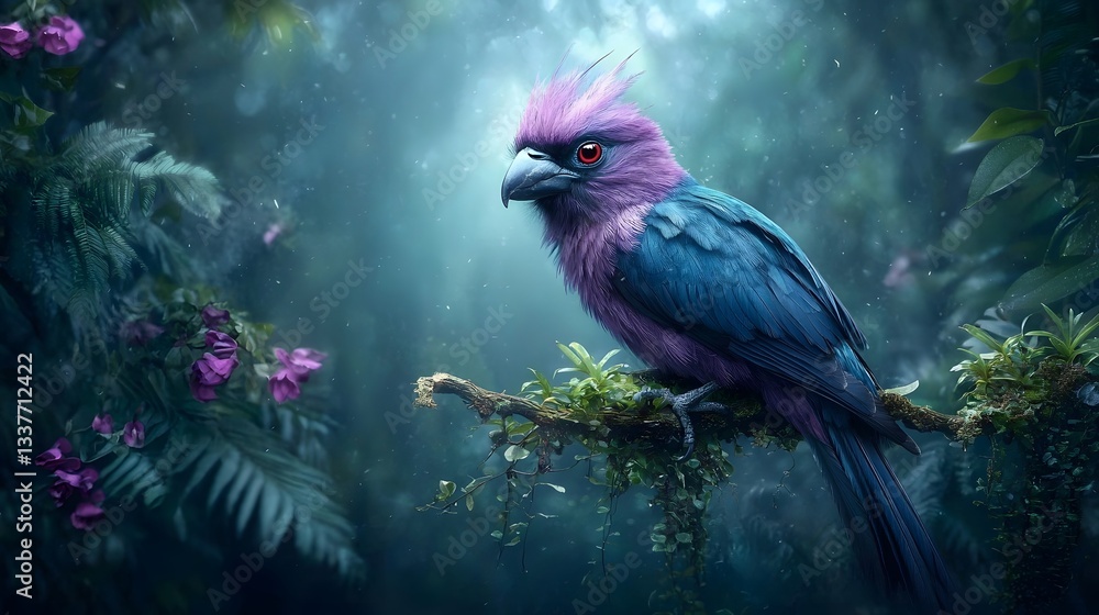 Captivating Violet Turaco Resting on a Lush Rainforest Vine Its Rich Purple Feathers Standing Out Against the Deep Green Foliage Captivating Violet Turaco Resting on a Lush Rainforest Vine Its Rich Purple Feathers Standing Out Against the Deep Green Foliage