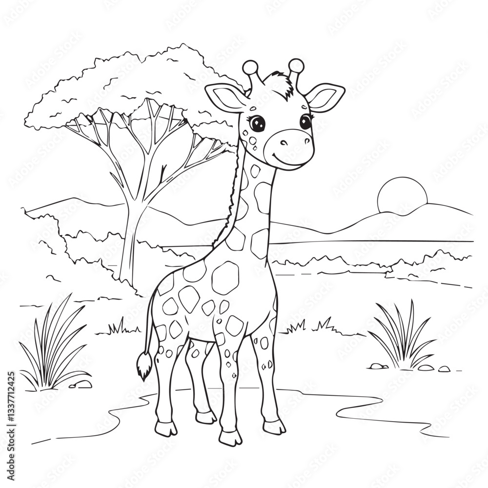 Fototapeta premium Cute giraffe in savana illustration for coloring book