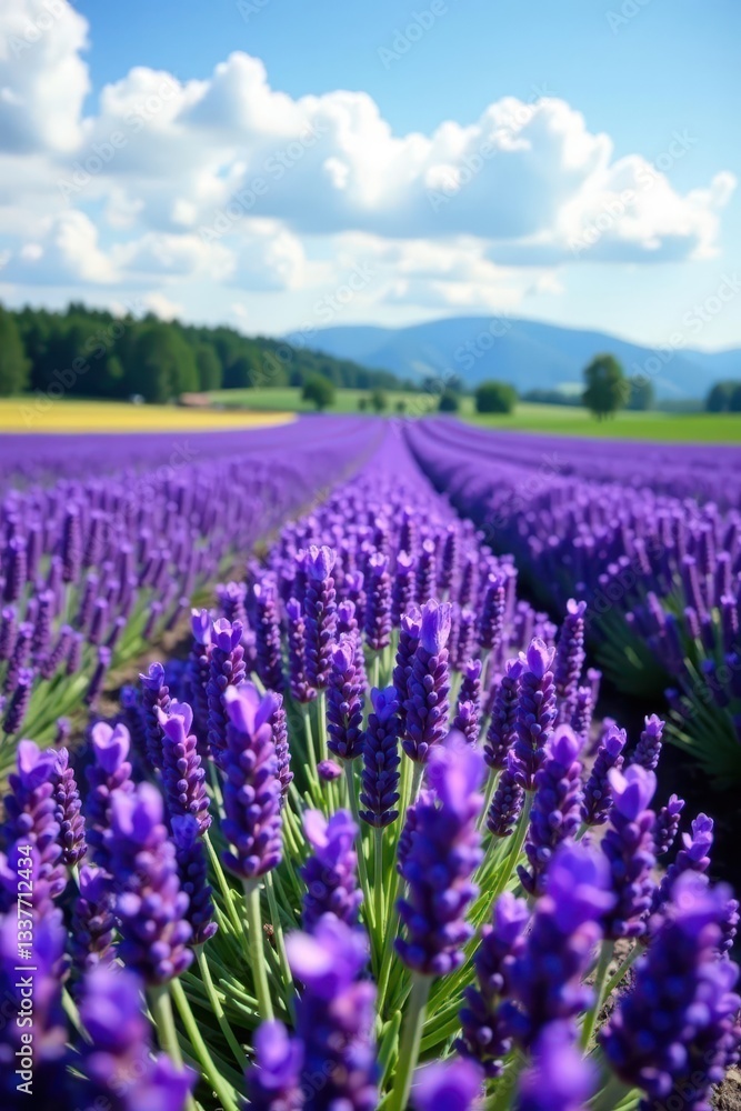 Naklejka premium Austrian lavender field, vibrant purple blooms, travel, purple flowers