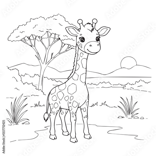 Cute giraffe in savana illustration for coloring book