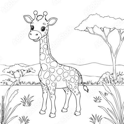 Cute giraffe in savana illustration for coloring book