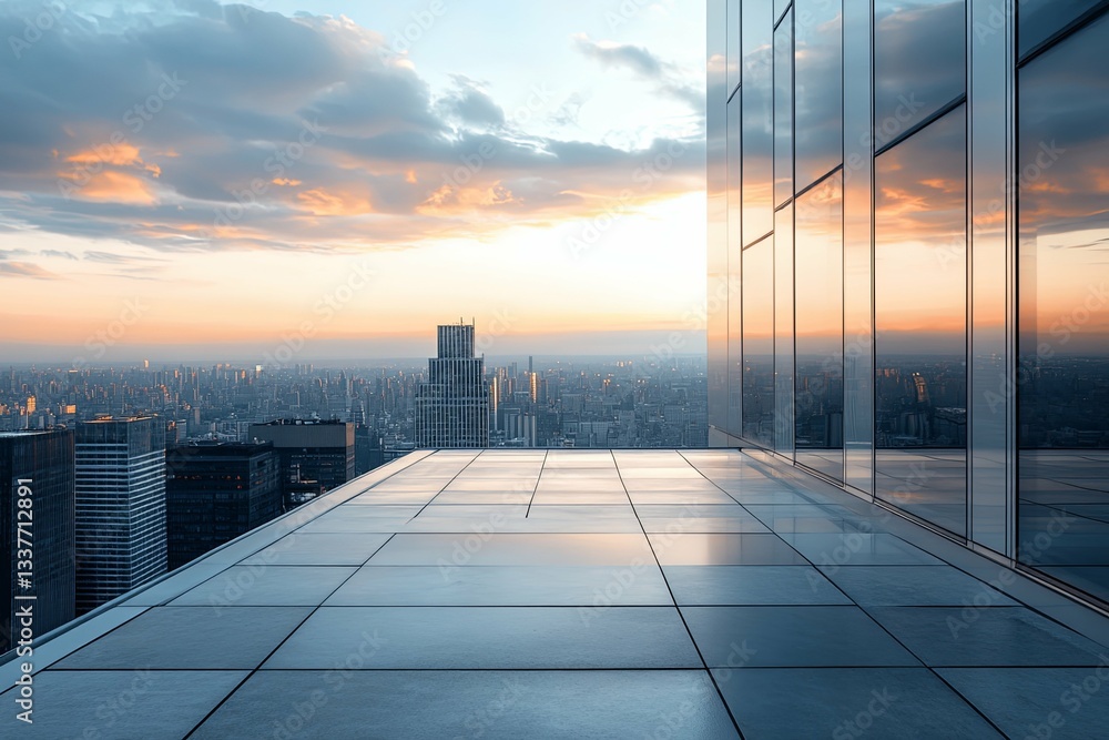 Fototapeta premium A cityscape view at sunset from a modern building rooftop