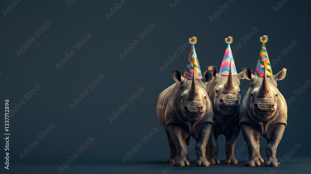 Naklejka premium Rhino celebrates birthday or carnival by wearing party hat, AI generated image