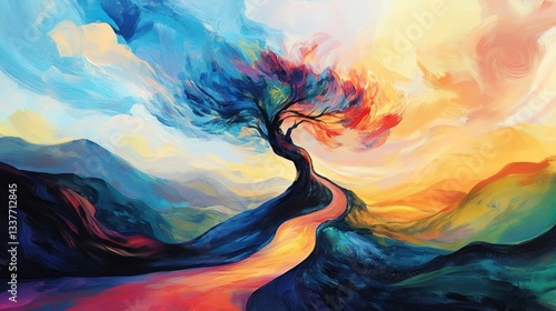 Wallpaper Mural A vibrant, surreal landscape painting featuring a twisting tree on a winding path through a mountainous region.  Colors blend seamlessly, creating a sense of movement and transformation Torontodigital.ca