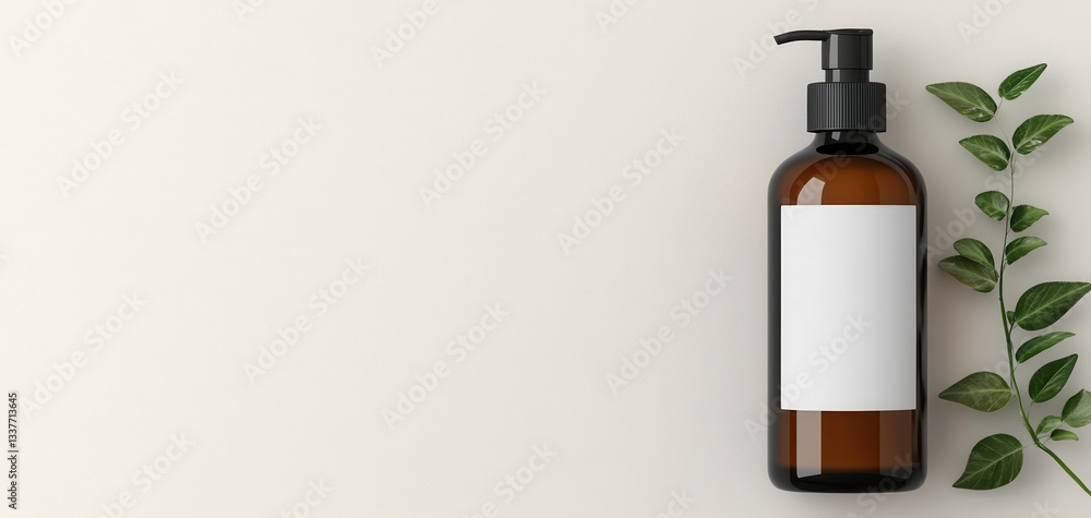 Obraz premium An elegant amber pump bottle placed on a light background, accompanied by fresh green leaves. Perfect for showcasing organic and natural skincare products.