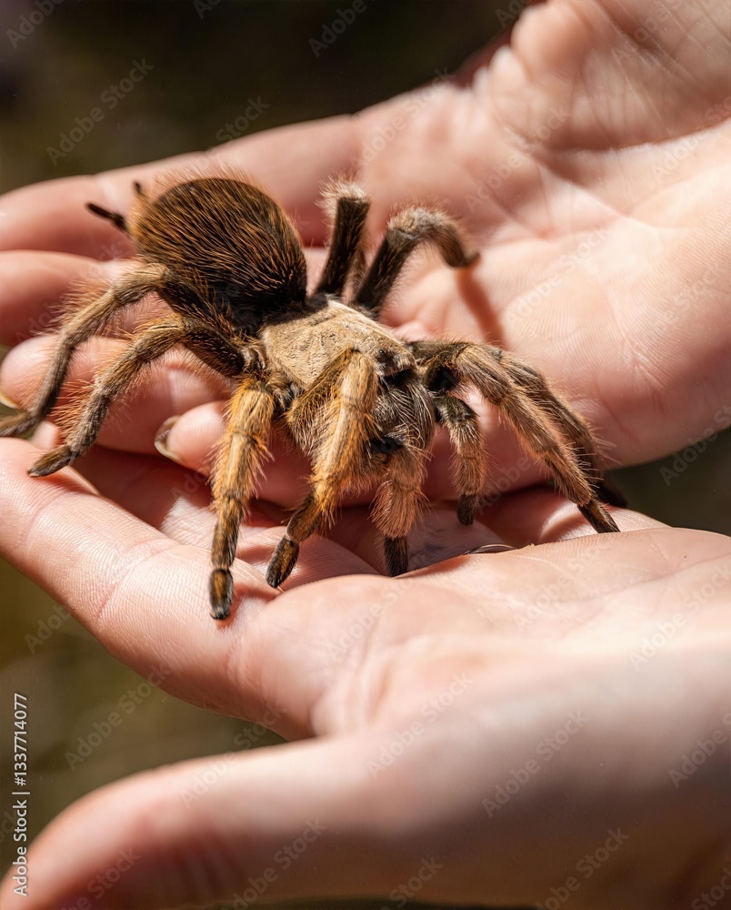 Fototapeta premium Tarantula in Human Hands: A large tarantula sits calmly in human hands, emphasizing the contrast between wild nature and human interaction.