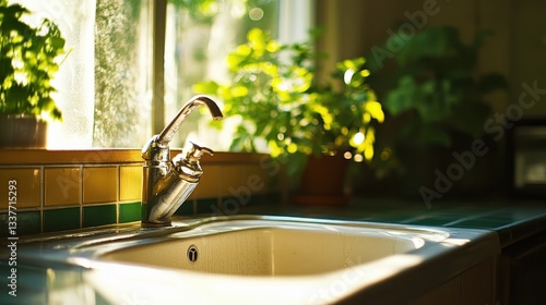 Bright Kitchen Sink with Faucet Near Plants and Natural Light