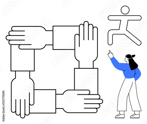 Interlocked hands forming a square symbolizing unity. Human figure pointing and running icon signify progress, collaboration, and action. Ideal for team building, leadership, motivation, community