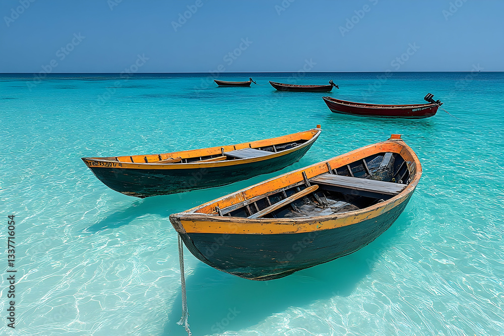 Colorful wooden boats floating in clear turquoise waters under a bright blue sky, serene beach scene Colorful wooden boats floating in clear turquoise waters under a bright blue sky, serene beach scene