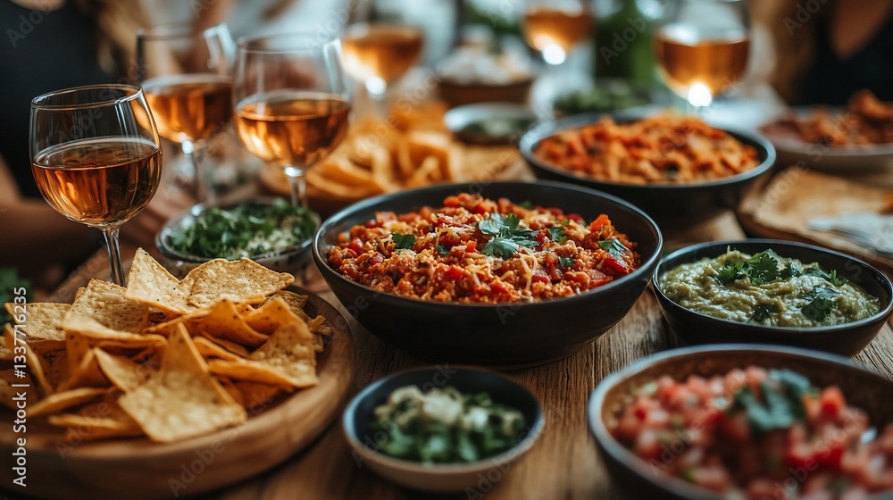 Festive table with Mexican food, dips, and drinks. Festive table with Mexican food, dips, and drinks.