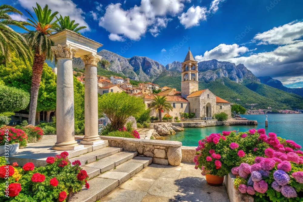 Naklejka premium Makarska, Croatia: Idyllic Summer Landscape with St. Peter's Church & Limestone Pillars
