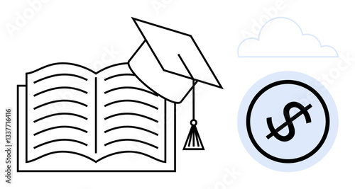 Open book with a graduation cap and a circular dollar sign cloud suggests learning, tuition fees, financial planning, scholarships, student loans, career investment, knowledge funding. Ideal