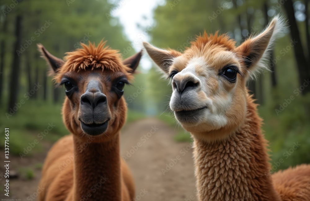 Obraz premium Funny amusing view of two llamas making faces in forest. Natural animal habitat, humor portrait. Happy mammal, companionship, joy, happiness, adventure in nature. Furry friends explore green