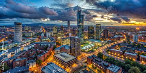 Manchester Skyline Aerial Drone Shot: Grey Cloudy Day, Beetham Tower