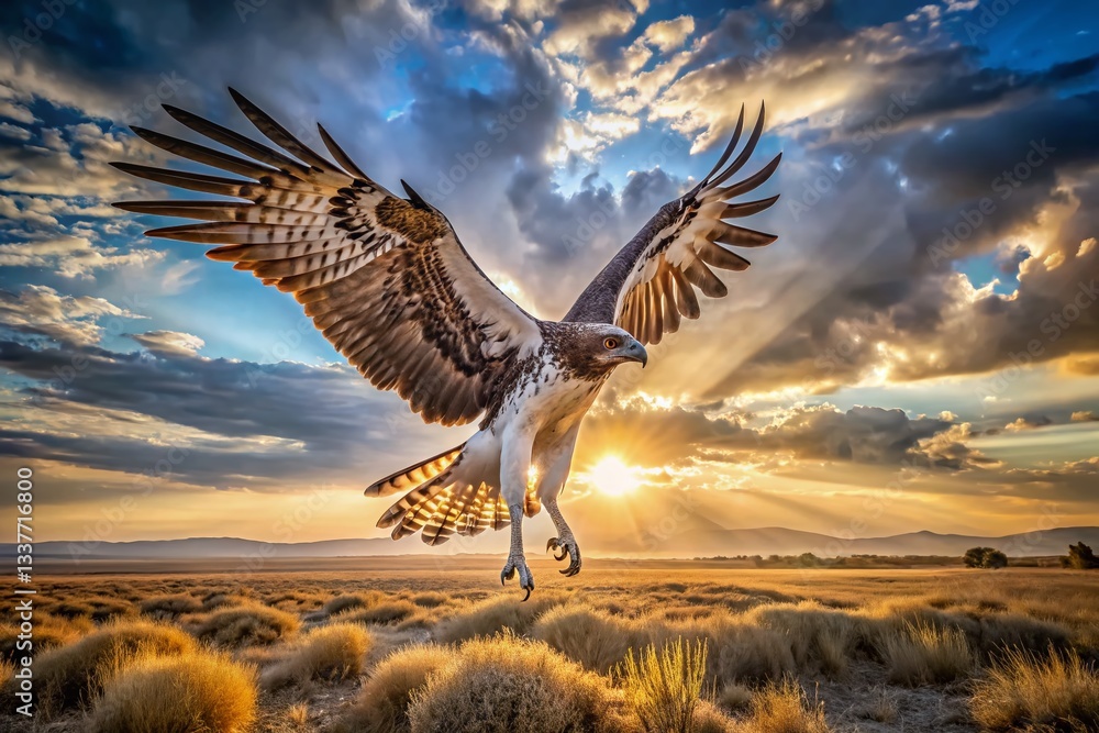 Naklejka premium Martial Eagle Soaring Over Etosha National Park, Namibia