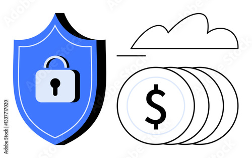 Shield with lock, cloud, and coins highlighting security, financial safety, cloud economy, data protection. Ideal for finance, cybersecurity, savings insurance technology reliability modern