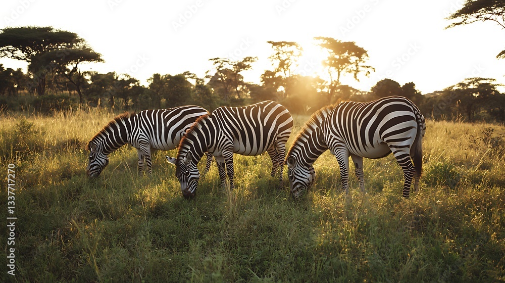 Fototapeta premium Zebras grazing in savanna grassland at sunset, wildlife scene, natural environment image