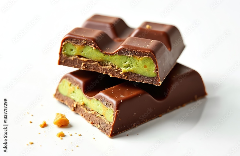 Dubai chocolate bar cut in half stacked on white background. Cocoa dessert block with pistachio cream filling. Sweet, tasty brown chocolate snack, sweet treat, top view. Confectionery product demo. Dubai chocolate bar cut in half stacked on white background. Cocoa dessert block with pistachio cream filling. Sweet, tasty brown chocolate snack, sweet treat, top view. Confectionery product demo.