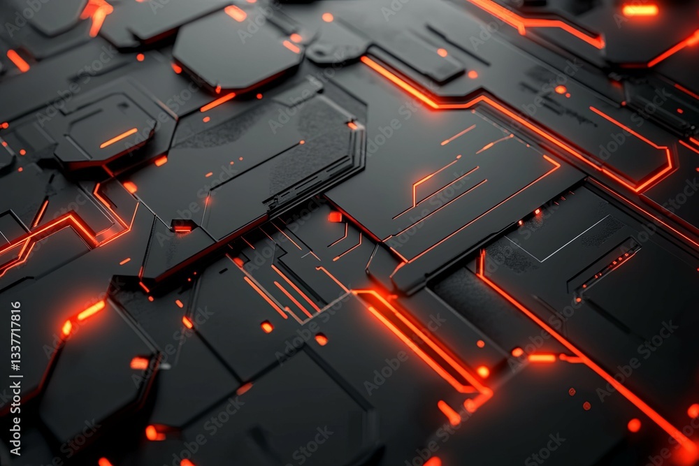 Fototapeta premium Futuristic black surface with glowing orange illuminated circuits