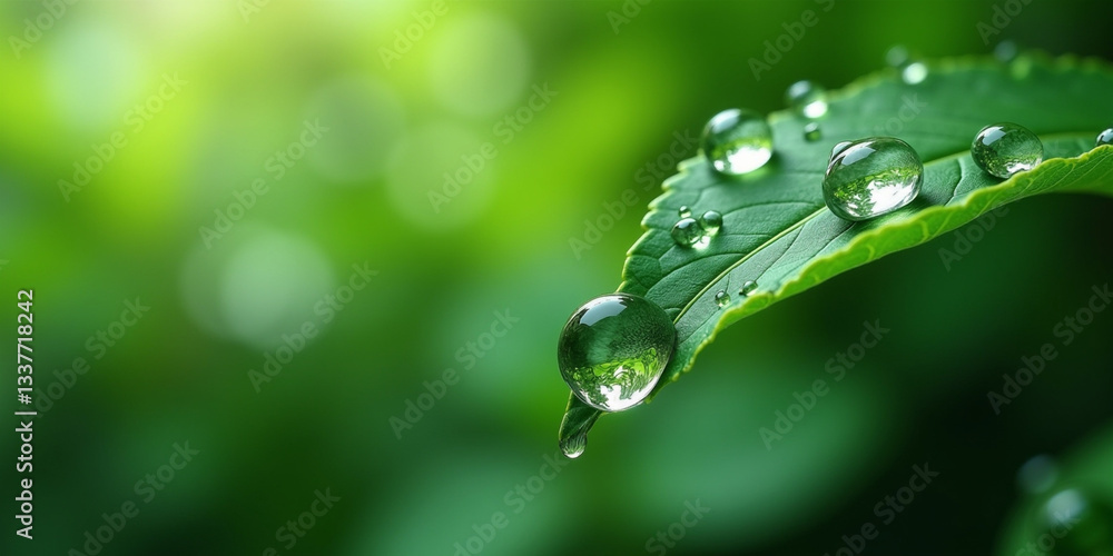Close Up of a Green Leaf with Water Droplets Glistening Surrounded by a Soft Blurred Green Background Close Up of a Green Leaf with Water Droplets Glistening Surrounded by a Soft Blurred Green Background