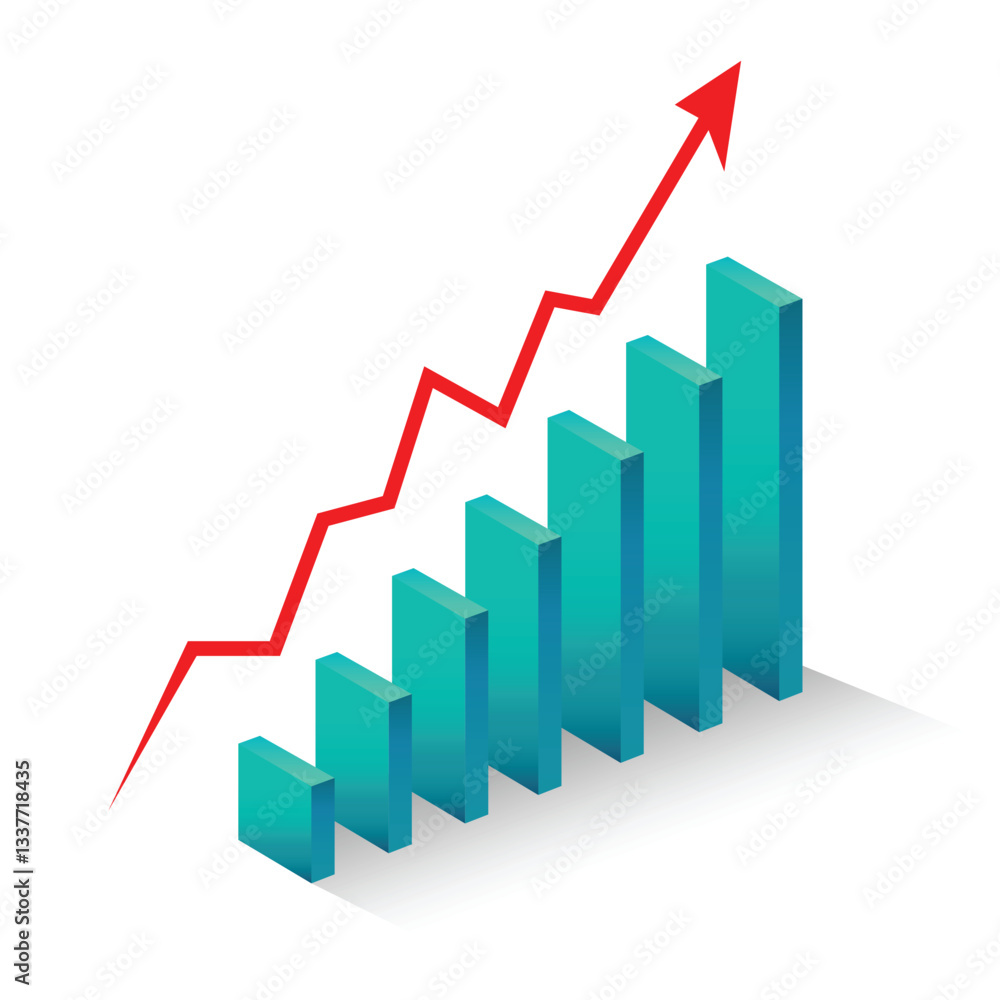 Red Business Arrow Pointing Up with Blue 3D Bars. Profit Growth and Consistent Progress Red Business Arrow Pointing Up with Blue 3D Bars. Profit Growth and Consistent Progress
