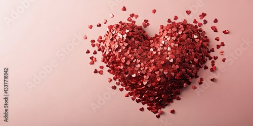 Metallic Red Confetti Heart Shape Pink Background - Valentine's Day Stock Photo
