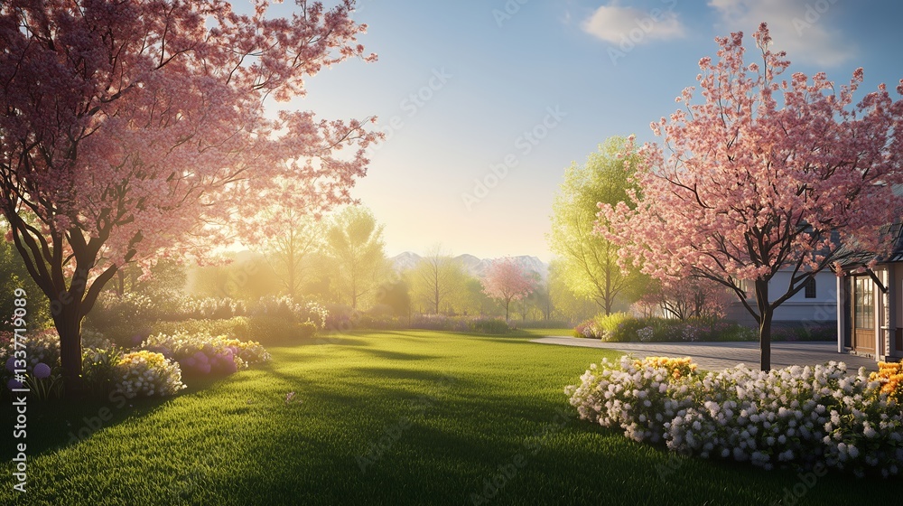 Fototapeta premium Springtime Serenity With Vibrant Blossoms and Golden Light Illuminating a Lush Garden Retreat