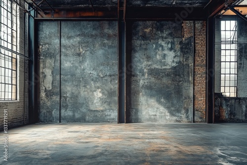 An empty industrial space with large windows and concrete floor