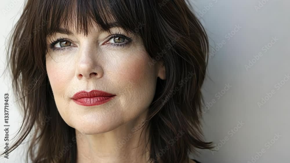 Elegant woman with shoulder-length hair and red lipstick poses against a simple background in a soft, natural light setting Elegant woman with shoulder-length hair and red lipstick poses against a simple background in a soft, natural light setting
