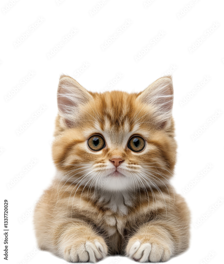 Obraz premium Adorable Ginger British Shorthair Kitten with Big Eyes and White Paws Portrait of Baby Cat Looking at Camera Isolated on Transparent and White Background