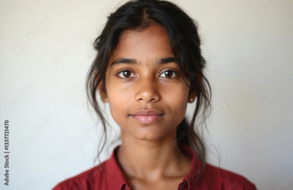 Close-up portrait young Indian woman with dark hair against white background. Face features brown eyes, olive skin tone. Neutral expression, simple red shirt. Headshot perfect for profile picture ID. Close-up portrait young Indian woman with dark hair against white background. Face features brown eyes, olive skin tone. Neutral expression, simple red shirt. Headshot perfect for profile picture ID.