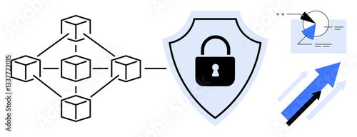 Blockchain network connections with a shield and locked padlock for security, accompanied by analytics and arrows symbolizing progress. Ideal for technology, security, blockchain, digital privacy