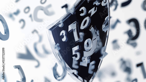 The image is a 3D rendering depicting a dark-gray, shield-shaped object overlaid with various numbers and letters.  The numbers and letters appear to be three-dimensional and slightly raised from