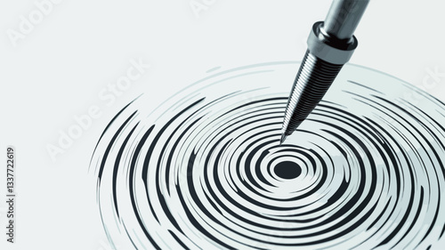Close-up, high-angle view of a metallic pen creating a spiral drawing on a white surface. The spiral is composed of concentric black lines, creating a sense of depth and movement. The pen is