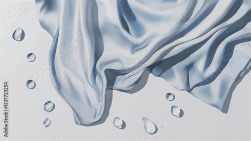 Close-up shot of a draped piece of light grey and blue striped fabric. The fabric is shown with soft folds and wrinkles, creating a sense of movement and flow. Several transparent water droplets