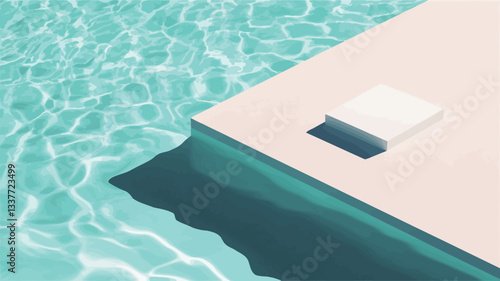 The image presents an abstract, overhead view of a swimming pool's edge.  The pool water is a vibrant turquoise/teal color, with visible ripples and reflections.  A portion of a white, geometric