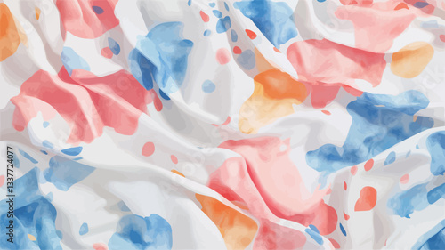 Close-up shot of a white fabric with abstract watercolor stains in pastel shades of pink, orange, and blue. The fabric is crumpled and shows folds and creases, creating a textured surface. The