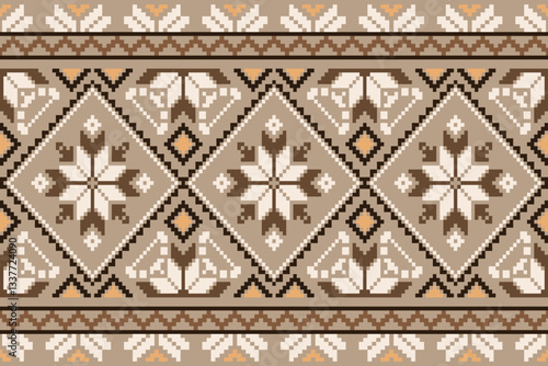 Floral pixel art pattern.Ikat embroidery Ethnic oriental Pixel pattern red christmas day background.carpet,wallpaper,clothing,wrapping,Batik,fabric,Vector illustration.floral samless pattern,abstract