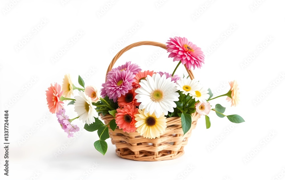 Obraz premium Beutiful of flowers in wooden basket, Spring weather Season, White background