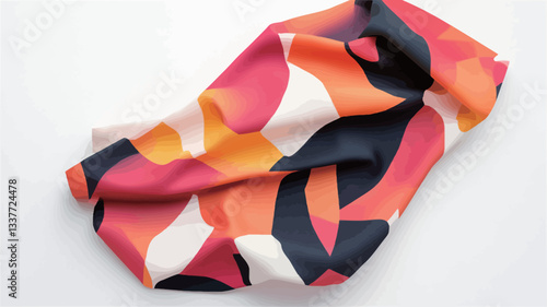 High-angle, close-up shot of a piece of fabric with an abstract print. The fabric is draped and folded, showcasing its texture and the interplay of colors and shapes. The color palette consists
